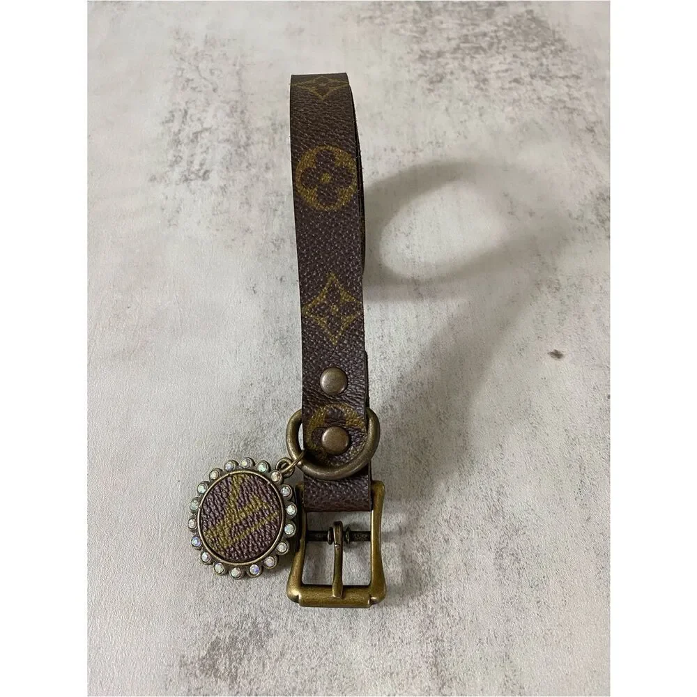 Brown Designer Monogram Dog Collar with Decorative Charm upcycle LV